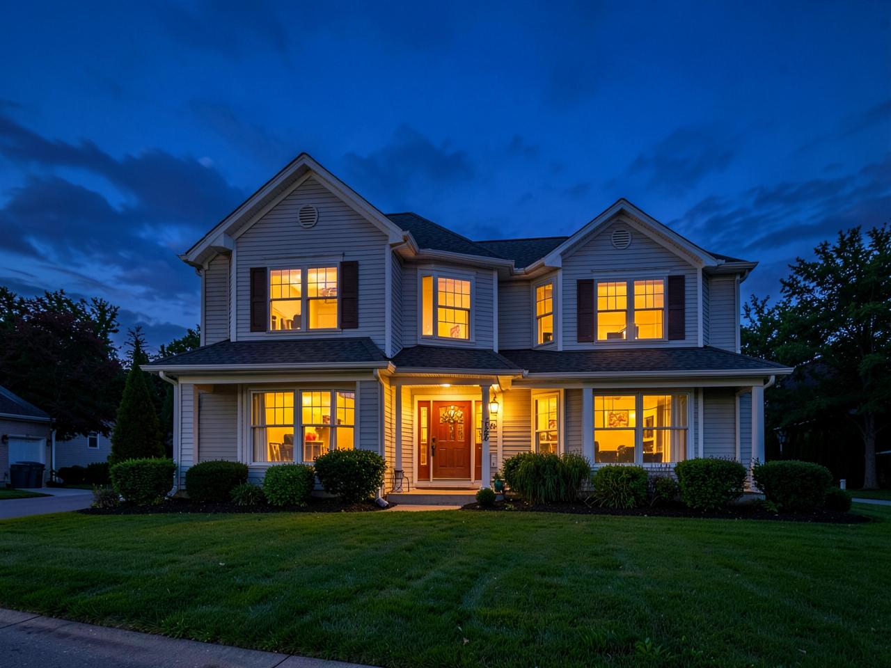 Two-story family home at dusk with warm lights glowing in every window